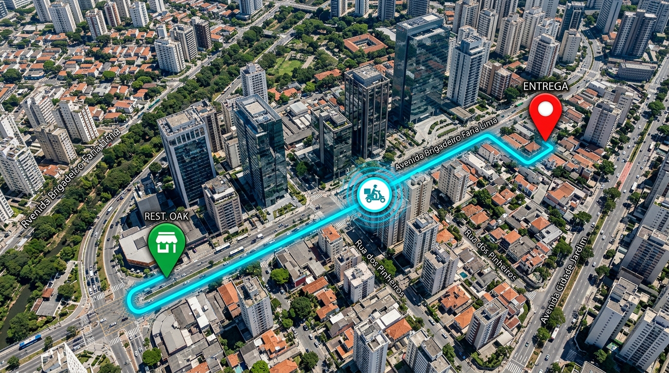 Mapa satélite Pinheiros São Paulo com rastreamento de entregador